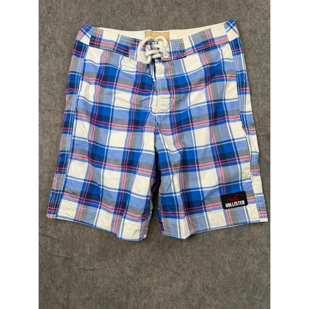 Hollister Mens Blue Pink Plaid Board Shorts Swim Trunks Size M Mesh Lined Pocket
